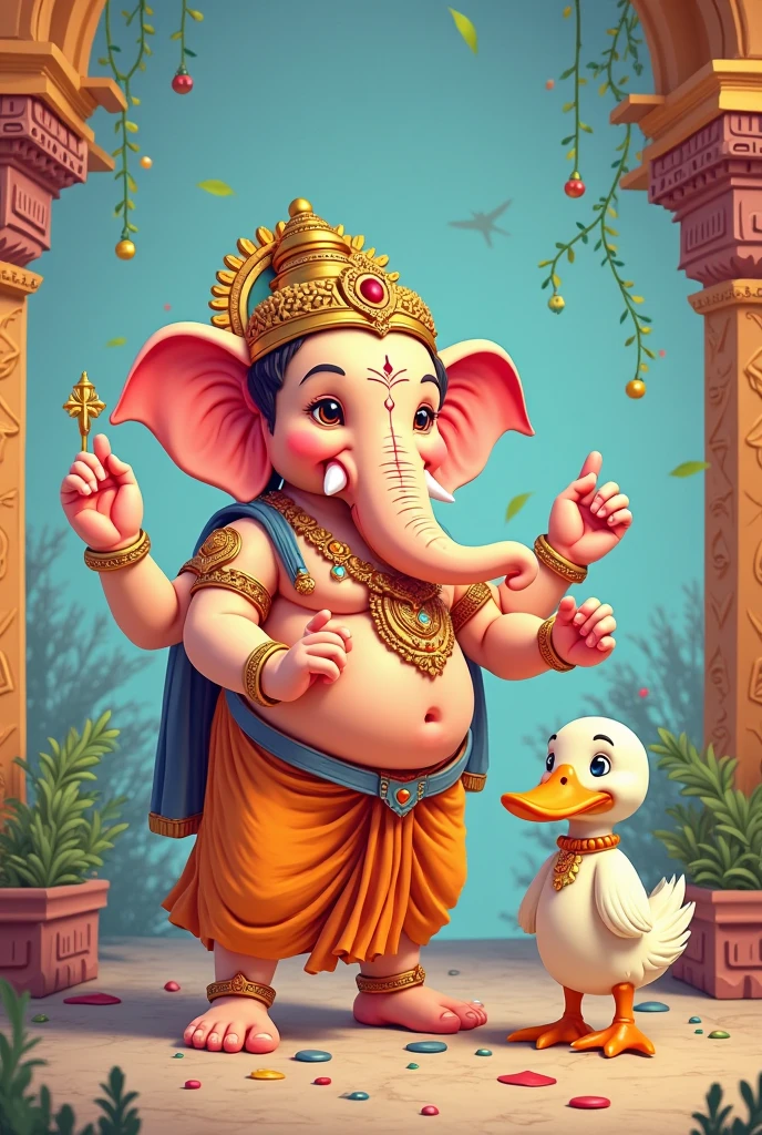 Ultra HD High Quality 8k Cartoon Image Of Cute Ganesha Wearing Rose Blue Colour Dhoti, No Hair In His Hand, Big Head , Golden Jewellery, The Ganesha Standing Front Of Fully Decorated Wall Holding Trident 🔱 in His Hand... Background features is Very Nice Decoration Glass and flowers,
undefined, undefined, undefined,