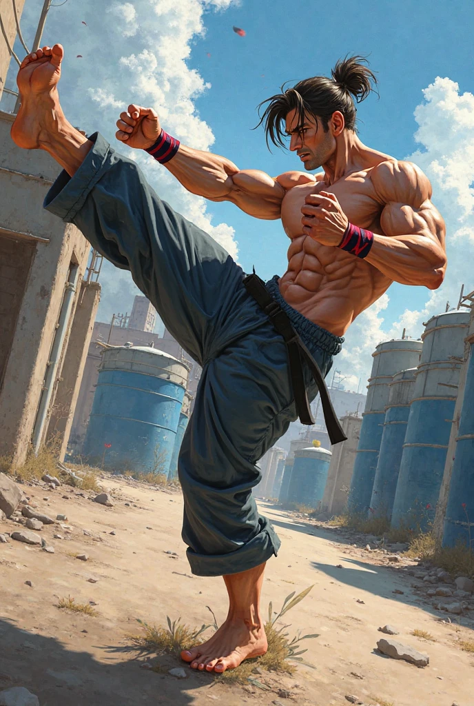 Mighty fighter, chest exposed, lower body unclothed from thighs to feet, flowing long curls, detailed muscular physique, photorealistic depiction, 4K resolution. Background: Martial arts dojo,32k uhd, best quality, masterpiece, super detail, high details