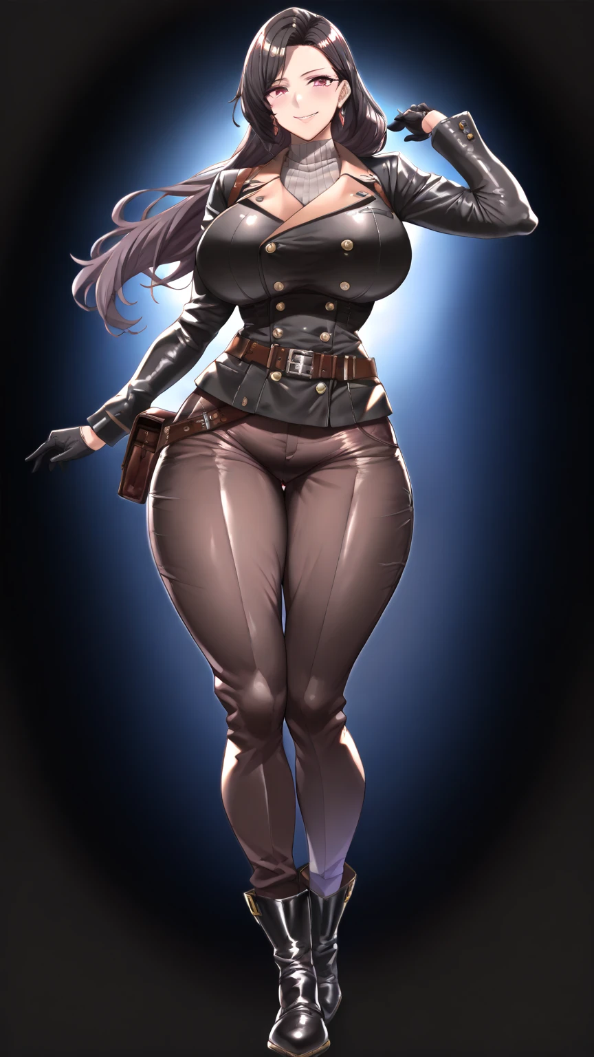 Masterpiece, best quality, Masterpiece, best quality, 1 woman  , blue eyes , yellow ponytail , black leather jacket , sly face , smile , bikini , abdomen, big breasts , Long legs , boots , hands on hips , abandoned factory