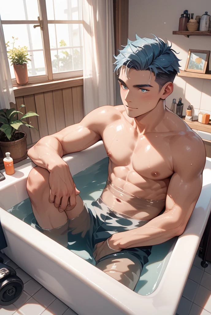 (absurdres, highres, ultra detailed, HDR), masterpiece, best quality, a boy, 10 yo, solo, handsome, short hair,spiky hair, white hair, blue eye, finely eye and detailed face, real shadow, topless, full body, white towel around his waist, home style muji, on bathtub, mood alone