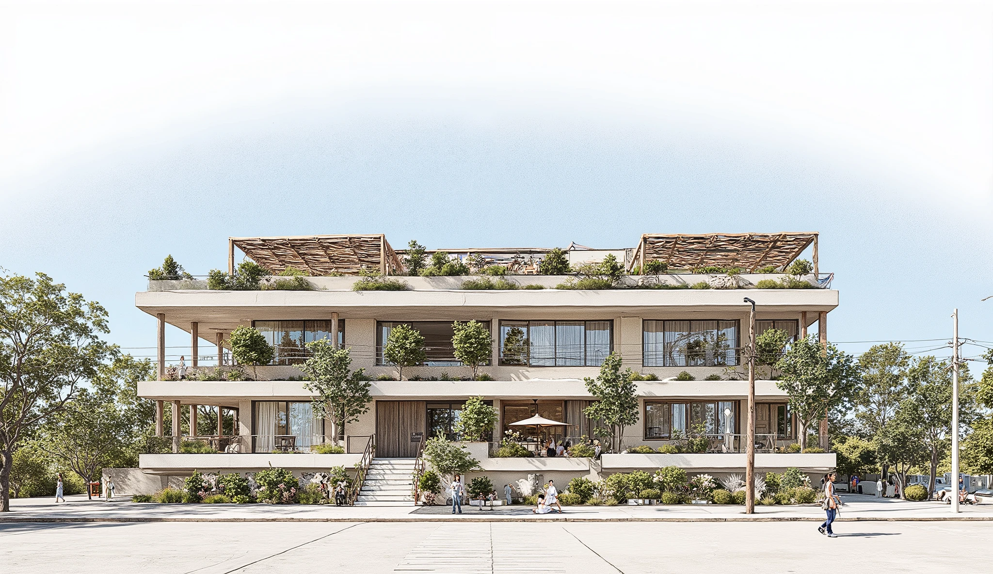 Conceptual architectural sketch of a building combining Moroccan riad, Japanese pagoda, and Scandinavian cabin design, detailed rooftop textures, front elevation view, daylight rendering, isolated background, artistic style for editorial stock use