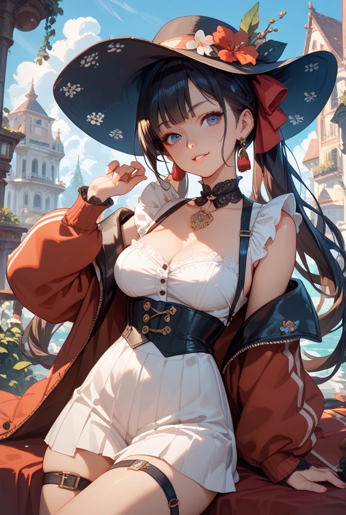 girl,anime, high quality, brown hair , beautifull face, yellow eyes, lady's outfit, 17 years old, boobs, lady's hat, necklace ,bracelet, earrings, 1.65 meters, cute