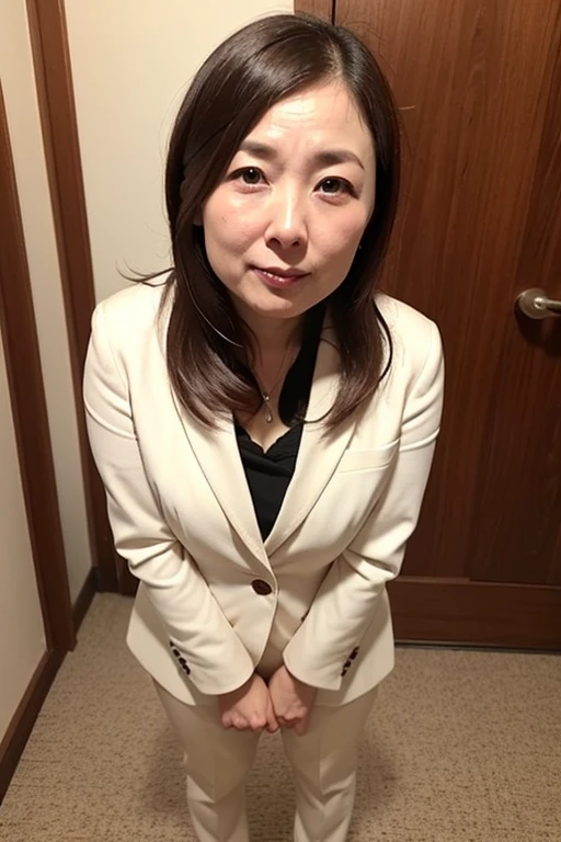 ((Top Quality, 8k, Masterpiece, Portrait: 1.3)), Photorealistic, Disposable Camera, 35mm Film, High Quality, Solo, Japan, Middle Aged Woman, Beauty, Business Suit, Big Tits, 42 Years Old, Plump Body, Wavy Hair, Wrinkles at the Corners of the Eyes, ((Show Me Panties :1.5)), Slum House, (Small room: 1.3), Japan old apartment, dark background,