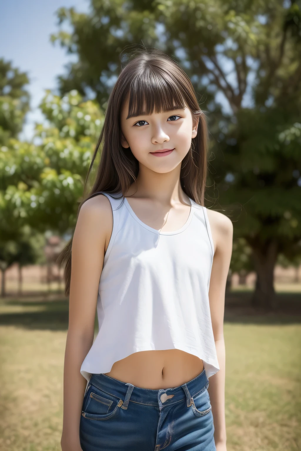 (masterpiece, highest quality:1.4), Award-winning portraits, 8k, 85mm, alone, Beautiful Face, Delicate girl, (On the grass), Sophisticated, cute, 15 years old, RAW Photos, Confused, High resolution, Sharp focus, Background blur、(((Flat 、thin and delicate body、Childish atmosphere)))、shiny semi-long hair、ponytail、Small mole on the left cheek、 Dark brown eyes、Hair swaying in the wind、sexy、Flexible legs、Simple gym clothes without text、Run、Jump