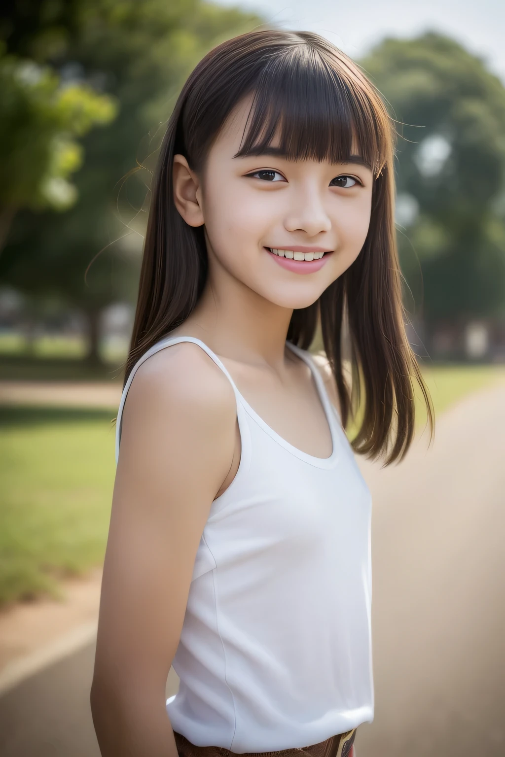 masterpiece, Highest quality, 8k, Young and beautiful girl, Baby Face、(((((Tank top)))))、((((((10 years old)))))),((Small breasts:1.3)), photo shoot, Cute Face, Thighs,、smile, 10 generations, Detailed face, Background blur、Long Hair、Black Hair、Small breasts、Small breasts、Cleavage、Tight waist,Skinny jeans
