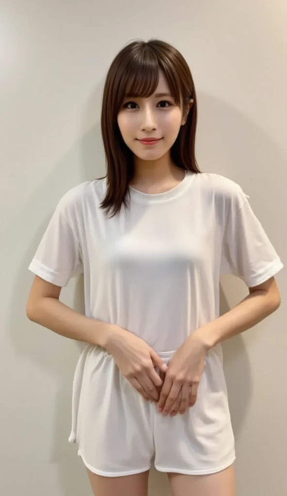 RAW Photos,clear,Esbian all over, aAccurate hands,1 girl, White T-shirt,Tight shirt,smile,summer,,Hmph, Tabletop, Accurate, Textured skin, Super detailed, Attention to detail, high quality, 最high quality, High resolution