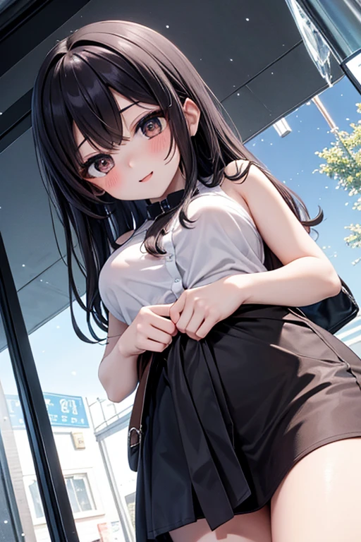 Black Hair、child:1.5、Grinning bashfully、Black tank top、pink:1.5、(skirt lift:1.5)、From below、Looking Down、Long Hair、Show panties