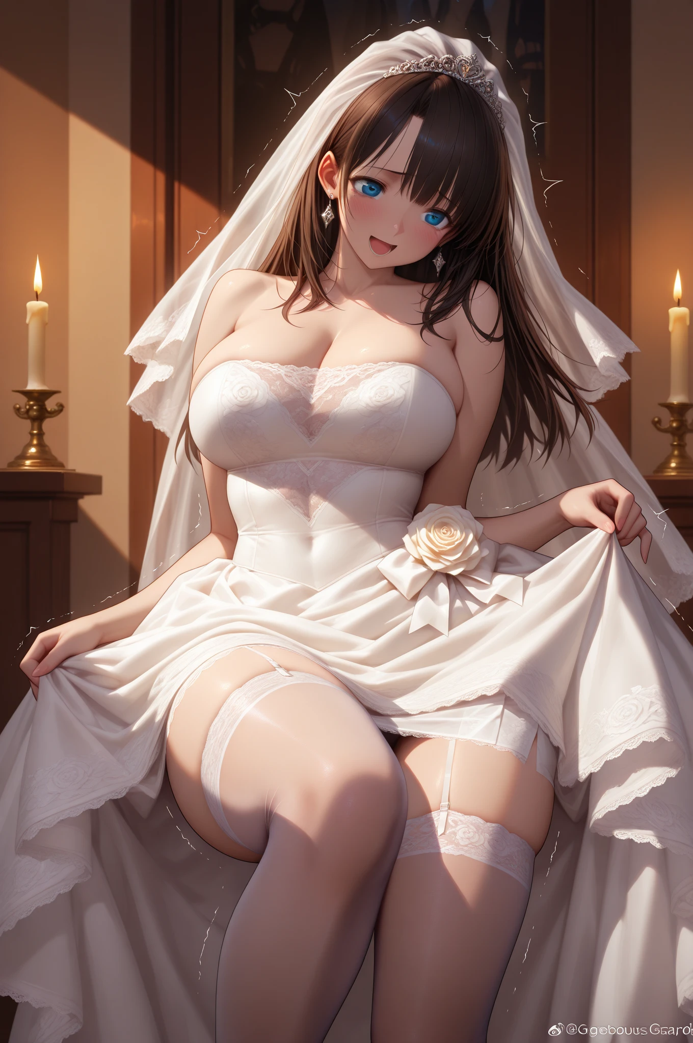 A girl,Long hair, Bangs, White hair, Hair between the eyes, (Red Eyes:1.5), (Large Breasts:1.2),
rest 锁骨, Wedding dress,veil,wedding,White Dress,Flowers,The skirt is broken,White socks,Tights,Black knee socks,
Looking at the audience, whole body,Put your hands in front of you,手拿Flowers,
indoors, church,permanent,permanent,
rest (masterpiece:1.2), best quality, high resolution, Unity 8K wallpaper, (illustration:0.8), (Beautiful and delicate eyes:1.6), Extremely detailed face, Perfect lighting, Extremely detailed CG, (Perfect hands, Perfect anatomical structure),