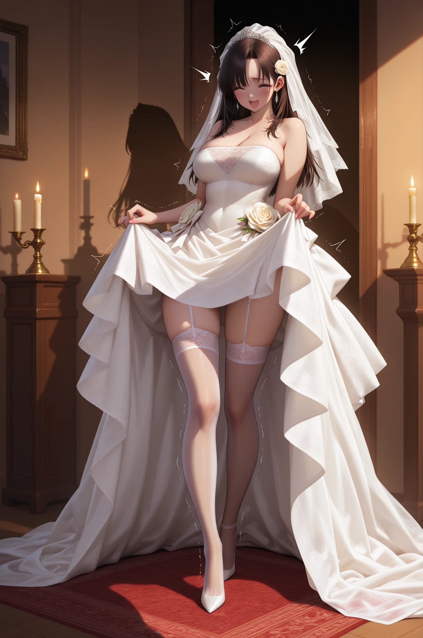 (Explicit content warning: nsfw), (masterpiece), Highest quality, Highest resolution (16K), Highly detailed CG Unity 8k wallpaper, original, Depth of written boundary: 1.5, Faithfulness: 1.3, Full-body portrait, bride in a lace wedding dress, 1 Girl, Curved silhouette, Wedding veil with lace details, Bridal veil draped over the head, Detailed jewelry set, Earrings dangling, Dazzling teeth, Realistic skin texture, Hair cascading down the back, Alone in a grand room, Veil, jewelry, and wedding dress gently swaying