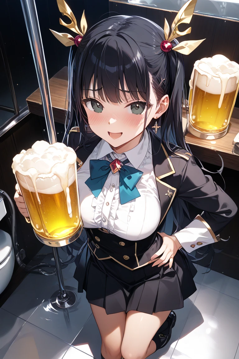 ((masterpiece)), ((best quality)), (ultra-detailed), ((kawaii)), cute, (lovely), ((sexy)), (ero), ((extremely detailed)), 4K, (8K), best quality, (beautiful), anime style, upper body, face in profile, focus on the face, bar, ((sitting on chair at bar)), a cute girl, 1girl, solo, suit, beautiful dark brown hair, beautiful purple eyes, ((beautiful eyes with highlights )), ((drinking)), white-skinned, ponytail, transparent hair, translucent hair, large breast, earrings, necklace, ((bring beer jockey)), beer, ((smile, blush, neon light, reflection effect
