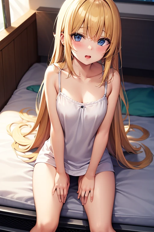 ((best quality)), ((masterpiece)), (detailed), perfect face, sexy body, girl, curled up on the bed while hugging her knees, wear short nightgowns, Long blonde hair flowing beautifully, scared face, pretty, good, nervous ,her legs covered under blankets, 