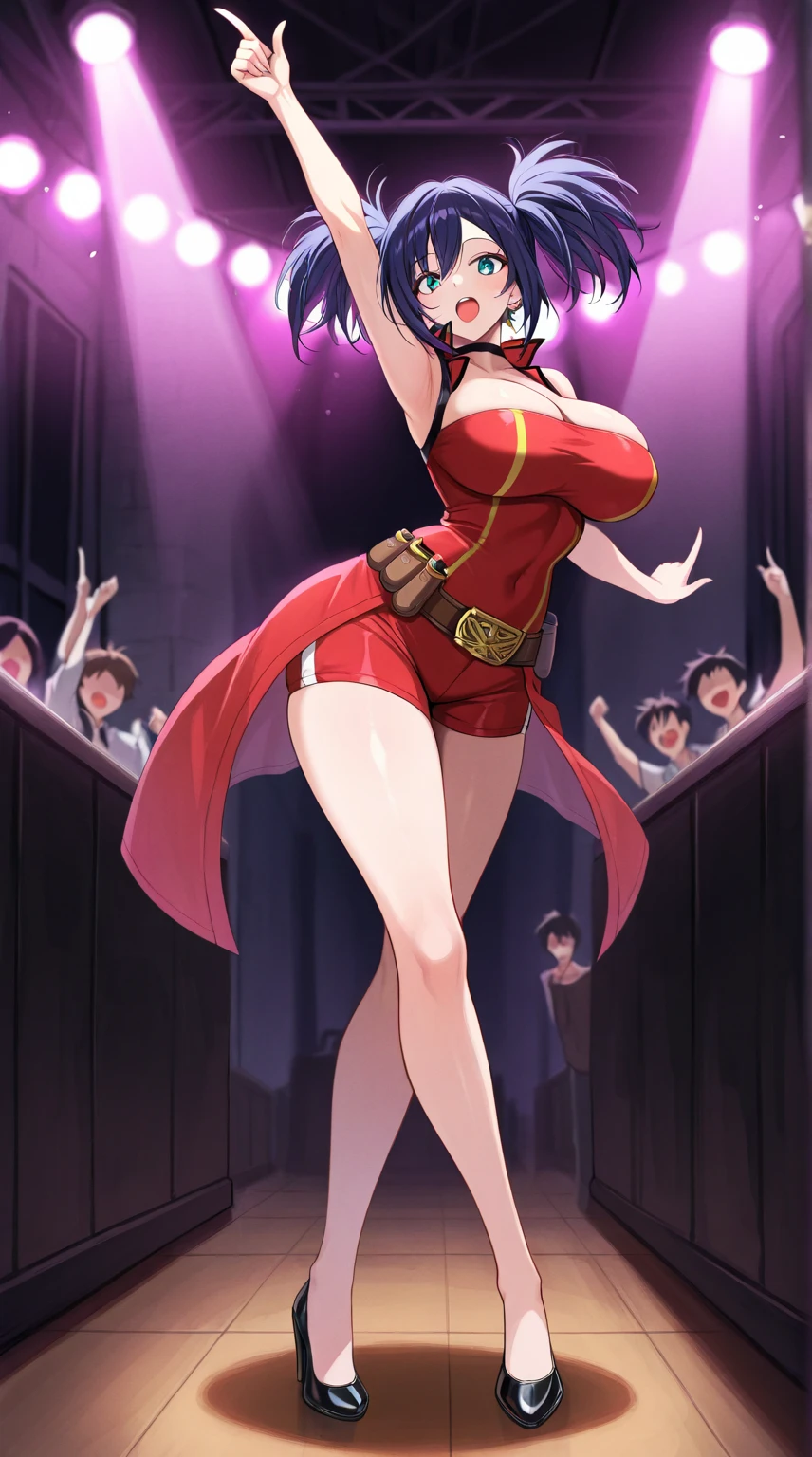 , beautiful girl with fair skin, black hair, black eyes, wearing a lustrous black dress that highlights her wide hips, wide shoulders, and big breasts, cleavage, and big ass. She is wearing open-toe heels with red painted toenails and nails. She is a tall girl standing in a crowd, with an ethereal, score_10, ballad-like atmosphere, in a 2.5D style.