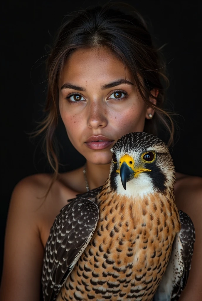 BeautBeautiful and detailed woman with Mediterranean features and dark skin.、、Full length portrait、Front shot showing her perfect breasts looking at the camera.、Wide shot、((She is totally naked holding a beautiful peregrine falcon on her arm.:1.4))、(They pose in a landscape with a lake and abundant green vegetation on a sunny day.:1.5))、Ideal body type、Large and perfect breasts、Small and detailed waist、Exquisitely detailed butt、Beautifully detailed crotch、Exquisitely detailed thighs、Beautifully detailed green eyes、Beautiful face、Captivating and naughty look、Long and loose brown hair、((No clothes, totally naked showing even her pubis)), Ultra-compact、8K、Hyper-realistic、Dramatic lighting, chiaroscuro, dramatic atmosphere, elegant, functional, individual, photorealistic, awards, exquisite details, volumetric lighting, vibrant colors, cinematic, masterpiece.