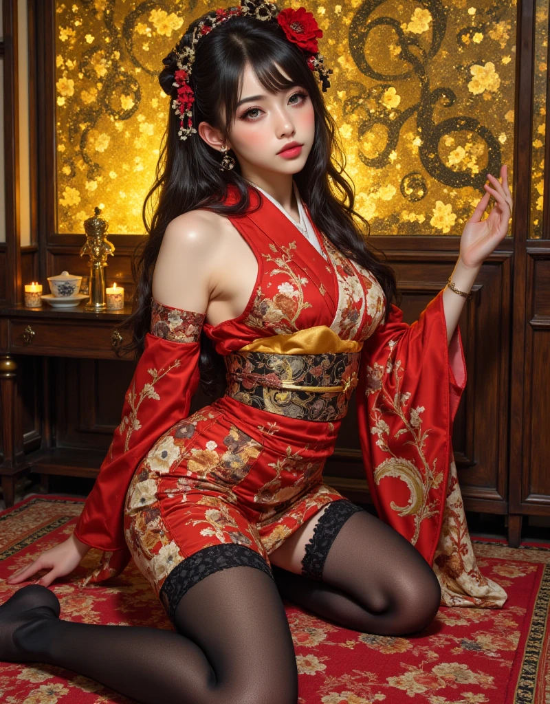 Naked without clothes best quality, masterpiece, highres, 1girl, hanfu, white and even teeth, red irises, chinese underwear, hair ornaments, necklace, jewelry, crown jewelry. Pretty face, full body, magic import style, tyndall effect, photo realistic, dark studio, border light, two tone light, (high detail skin: 1.2), 8k uhd, dslr , soft light, high quality, volumetric light, candid, Photo , high resolution, 4k, 8k, Bokeh, (light pink lips), 1 beautiful demon from hell, In the Dark: 1.6 ), surreal full-body women by David Hockney and Alphonse Mucha, fantasy art, photorealism, dynamic lighting, station art, posters, volumetric lighting, highly detailed faces, super 8k, Awarded, in the dark, dark, low light, cowboy lens, (Red phoenix dress: 1.4), long hair, black hair, bust, luxury palace, Royal family style family, devil's crown, red eyes with very sharp and detailed makeup, Best face, Very round and firm breasts, Surreal, chinese women's long clothes, buds Charming smile, Pretty eye makeup, guweiz, devil style, mesh stockings with lace-up waist sock, thigh-length top, dark red turtleneck turtleneck, ponytail with bow at the back , dark red lips, Devil tattoo on shoulder, overcast and thunderous landscape, (full body), Close-up of main character, (Background detail 1.8), lace-up tights, medium-sized butt,