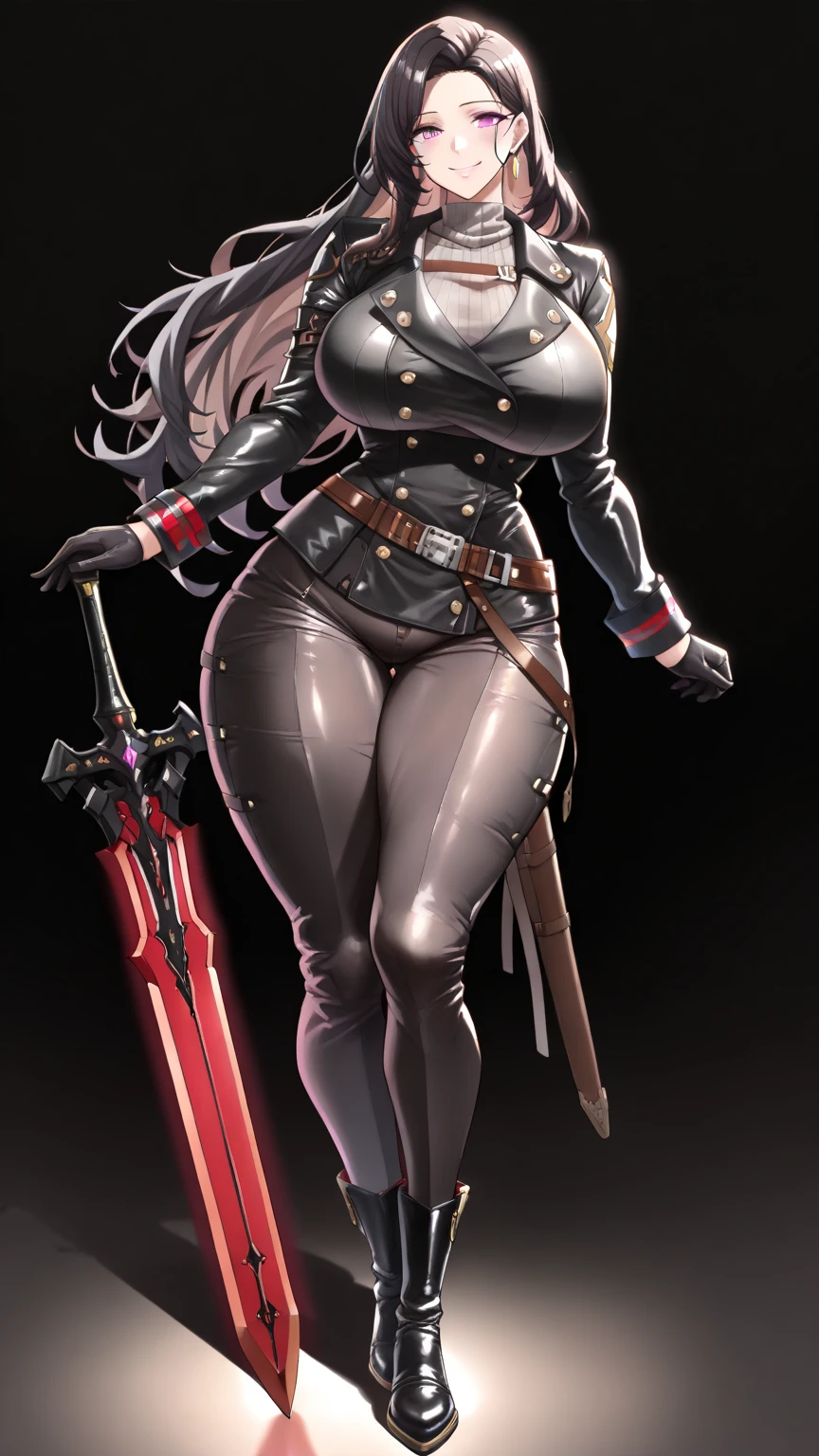 biker gang leader、Leotards in metallic colors、Red, black and gold、Angry face、4K resolution、Masterpiece、Photorealistic、Black long straight hair、Plump、Big Breasts、People with droopy eyes、Plastic-like luster、Full body portrait、High leg、Sequined tights、Fire Pattern、bike、Wooden sword、chain