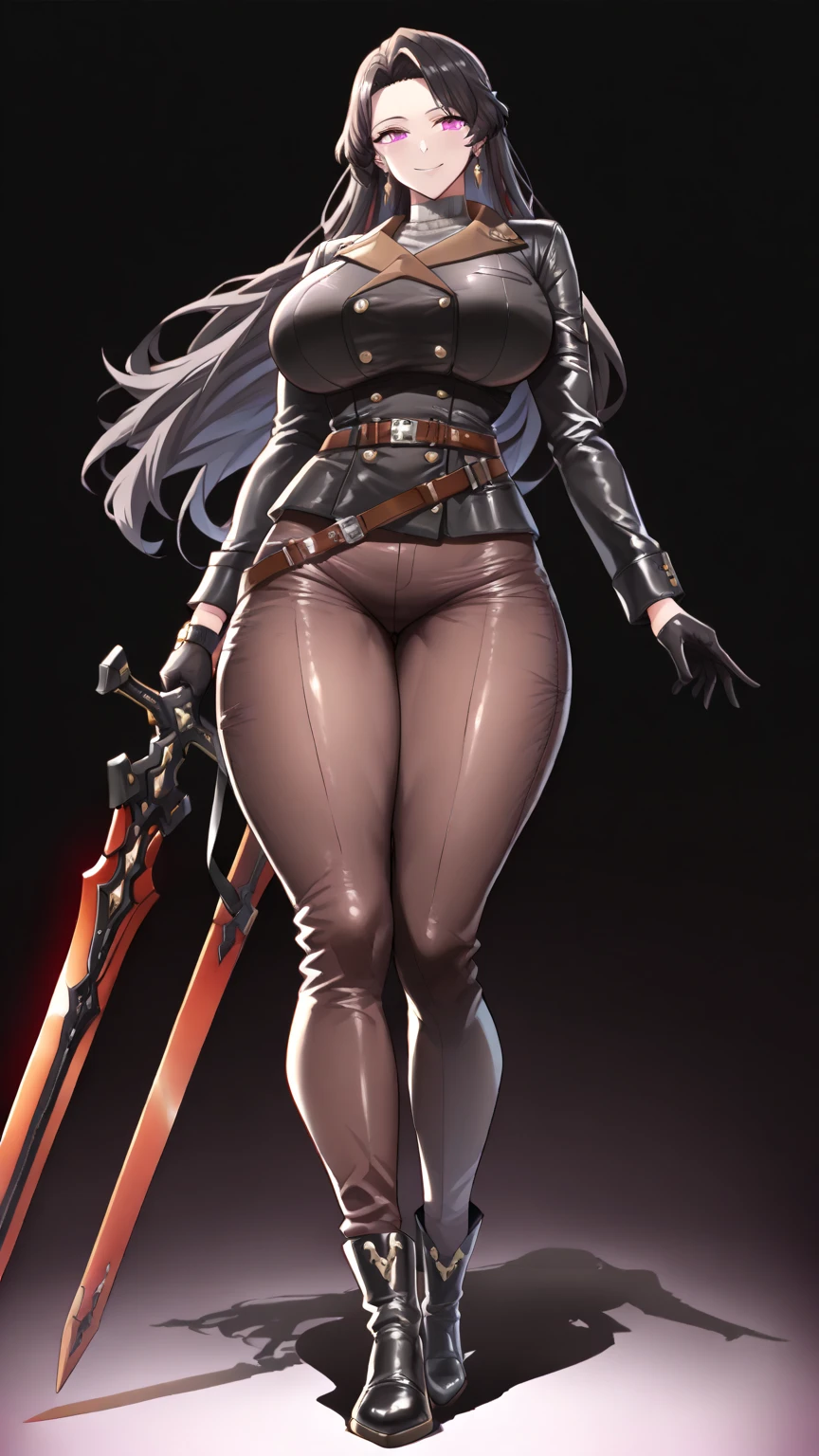 (masterpiece, 4K, best quality:1.2) (Selvaria Bles (Valkyria Chronicles) LoRA) grey background, black shirt, bare shoulders, detached sleeves, big belt crossing waist, black gloves, full body, view from below, far shot, cow boy shot, looking at viewer, (Selvaria Bles (Valkyria Chronicles) LoRA) ((1girl)) full body standing straight symmetrical looking to the viewer, view from below, grey skin, drow, elf, mature, detailed happy face, purple eyes, white silver hair, black bikini, abs, navel, big knockers, golden chain collar, stomach tattoo (red tattoo), hands on hips, wide hips, thick thighs, metal sandals