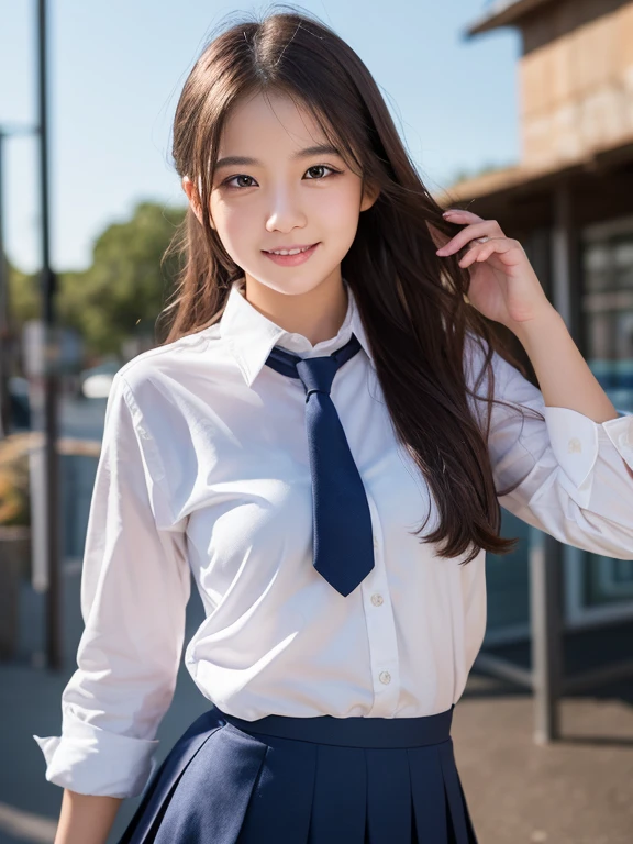 (One girl), Cute Face, highest quality, Realistic, RAW Photos, Professional photography, (uniform、Red tie、Pure white blouse、Knee-length navy blue pleated skirt)、Small breasts、 I laugh because I&#39;m happy、Focus on the girl、Cowboy Shot、、Short Bob Cut、