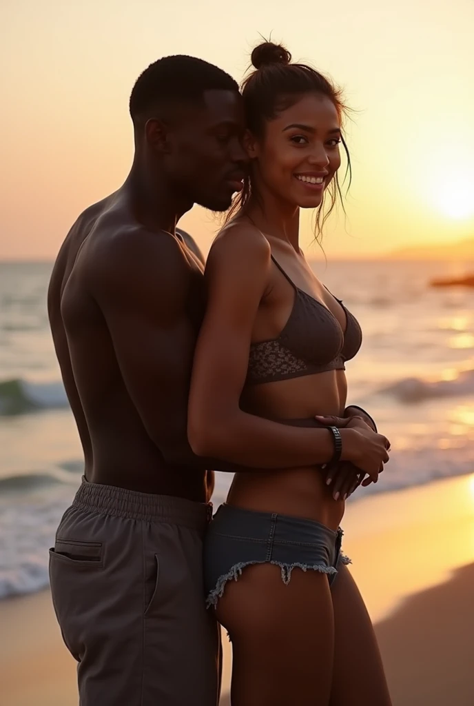 Beautiful han hyo-joo and an african man, in bare body, close up, sunset beach, hugging each to another, a han hyo-joo is beautiful, undressed, slender body, petite posture, clear and bright skin, brunette hair in ponytail, huge boobs. An african man is tall with a bit muscular, good hand, perfect hand, in billabong beach pants, hold on together