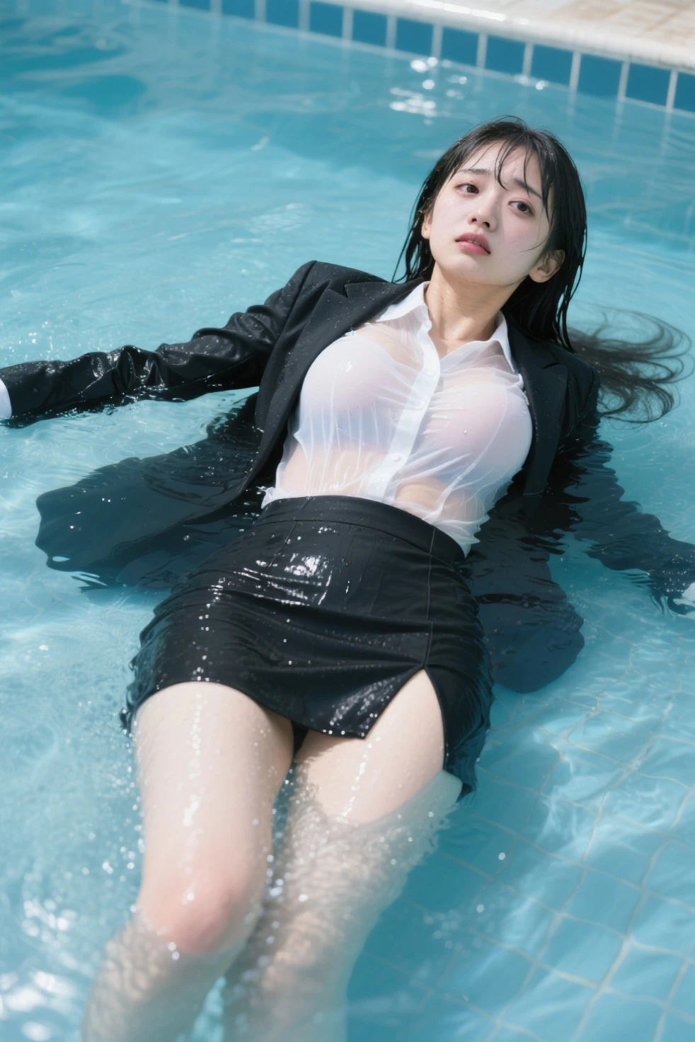 (masterpiece, best quality, detailed), 1girl, solo, looking at viewer, c.c., yellow eyes, green hair, long hair, bangs, medium breasts, straitjacket, white bodysuit, white shoes, water, partially submerged, from above, afloat, shallow water, parted lips, lying, on back, long sleeves, wide sleeves,