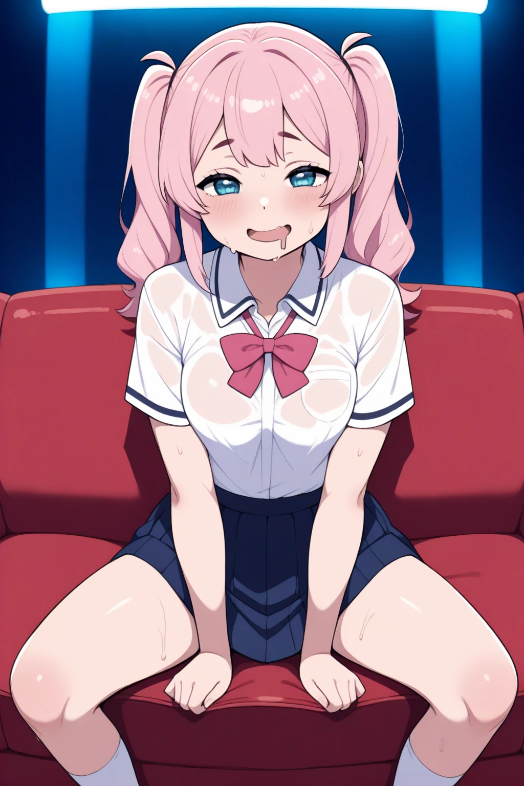 tadano con uniforme de sirvienta, pink hair, twin tails, constricted pupils, short skirt, medias blanca, adorno mucama cabeza