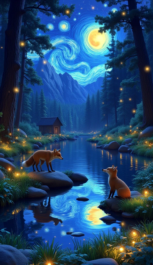 Starry Night 、Deep in the forest、Fireflies are flying in large numbers、There is a quiet lake like a mirror、Little foxes are looking into the lake、The picture on the surface of the water is a boy、Many forest animals are watching、Vincent van Gogh's Starry Night Style