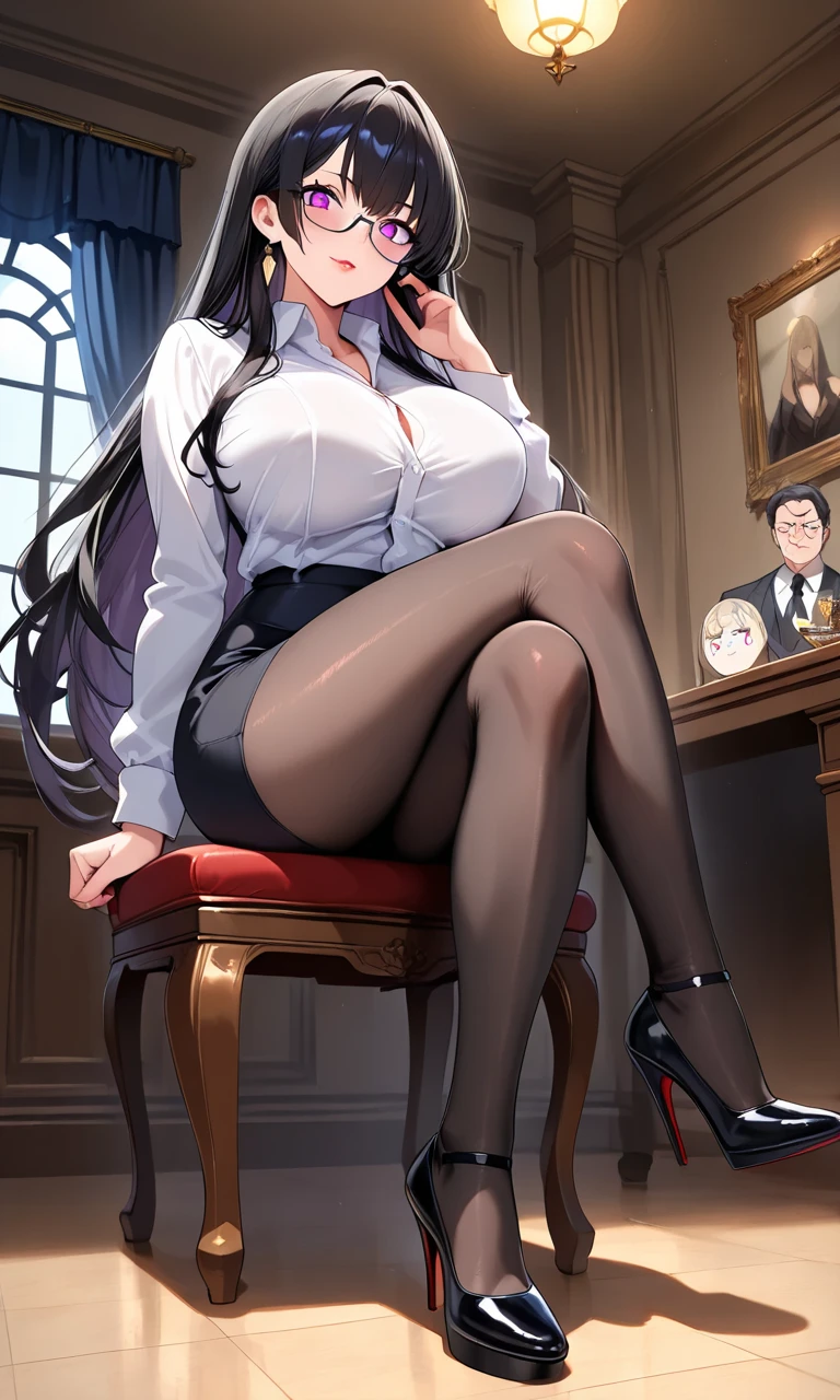 masterpiece, best quality, high definition images, atmospheric perspective, expressive eyes, perfect face, ultra detailed, solo, 1mature seductive woman, alluring pose, office lady, luxury, black semi long straight hair, simple glasses, elegant business suits, jacket, blouse, cleavage, pencil skirt, tight mini skirt, spread legs, panties, curvy, thighs, silk panties stockings, high heals, stern expression, shy, open mouth, from below, in office, at night,