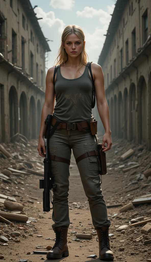 Photorealistic, masterpiece grayscale photo, woman with messy hair and poor minuscule postapocalyptic clothes, cute sexy, (detailed wastelands background), ultra sharp focus, detailed face, (((posing))), random hair color, short hair, beautiful eyes, full body, high quality black and white image