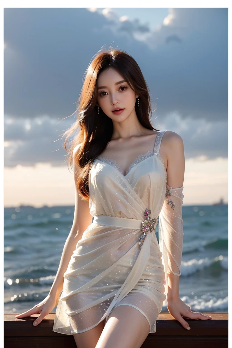 High contrast, (8K wallpapers: 1.3), realistic, octane rendering, realistic, (realistic face: 1.2), sharp focus, (masterpiece), (best quality), (mirror lighting: 1.5), light on the face, (goddess, flowing long hair: 1.3), noble and gorgeous, 1 goddess, (standing by the water: 1.4), reflection, real, slim figure, sky blue and light pink evening dress, crystal necklace, gorgeous fabric, diamond earrings, metal bracelet, atmospheric walking posture, red lips, High heels, pink stockings, lighting effects, shimmering light, blue sky, desert, (gorgeous:1.2), (elegant:1.1), (confident:1.1)