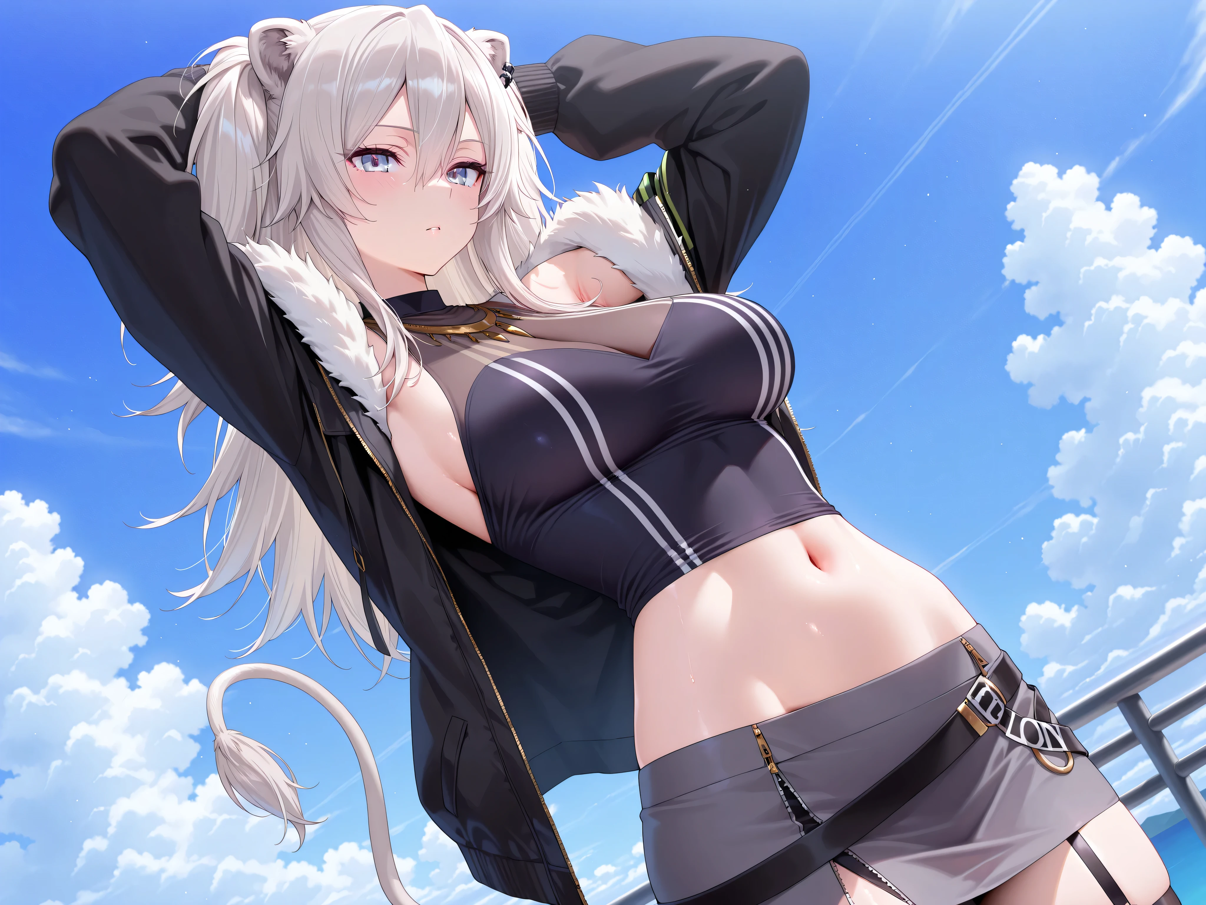 olo,masterpiece,best quality, amazing quality, highres, absurdres, very aesthetic, high resolution, ultra detailed, perfect details,botanIL, ear piercing, lion tail,botandef, long hair, navel, fur-trimmed jacket, hair between eyes, two side up, black jacket, black shirt, midriff, grey skirt, necklace, bare shoulders, miniskirt, single leg pantyhose, black pantyhose, sleeveless shirt, o-ring,,(masterpiece, detailed:1.2)、mature female,anime screencap