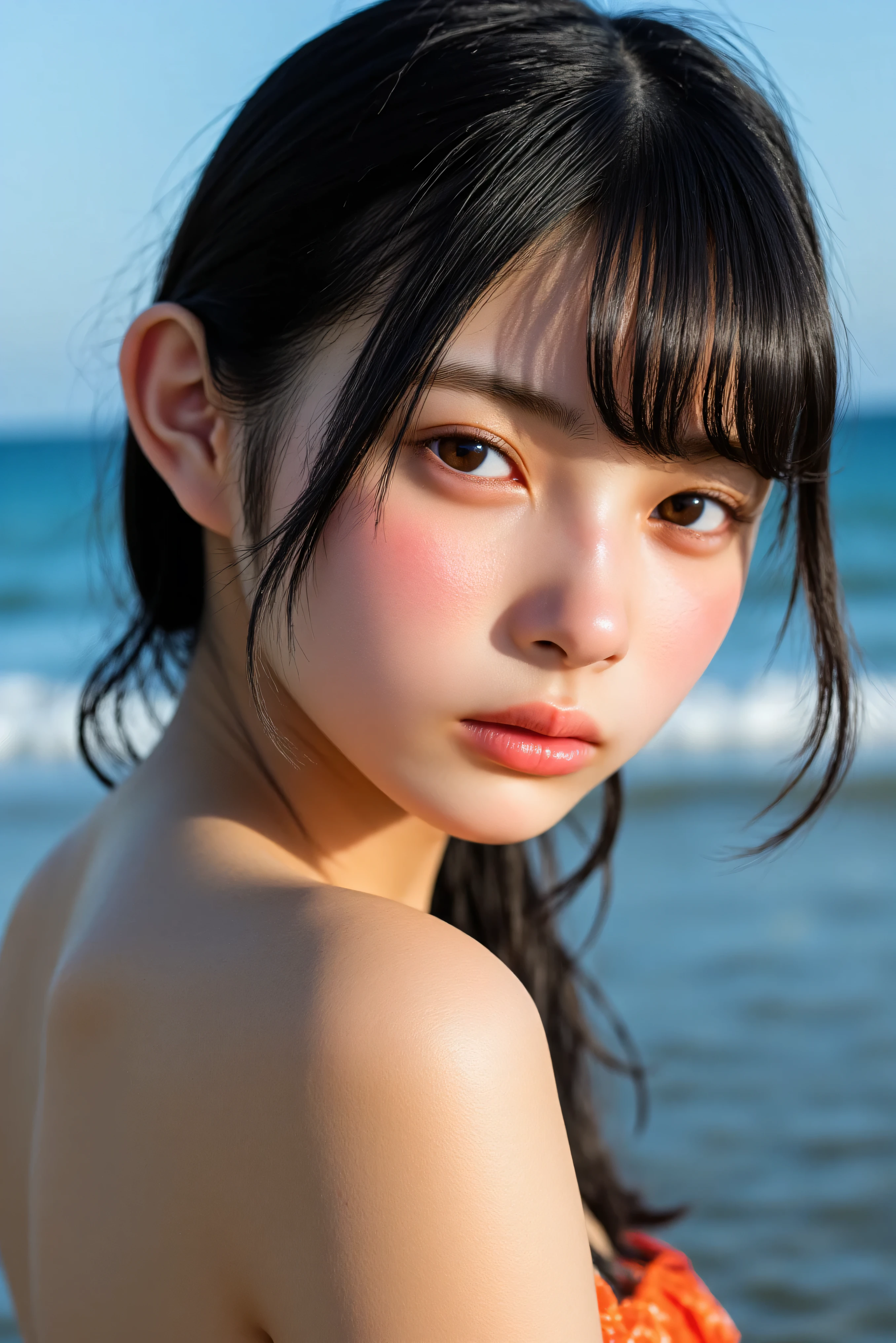 (at beach, 1 girl, medium breasts, low twintails, micro bikini:1.5), fair-skinned, glossy lips, medium hair, skinny, body type, delicate and sexy clavicle, highest quality, RAW photo, realistic, face, incredibly ridiculous beautiful girl, cute, Depth of bounds written, High resolution, ultra detail, detailed, Very detailed, extremely detailed eye and face, sharp pupils, sharp focus, Moody Lighting