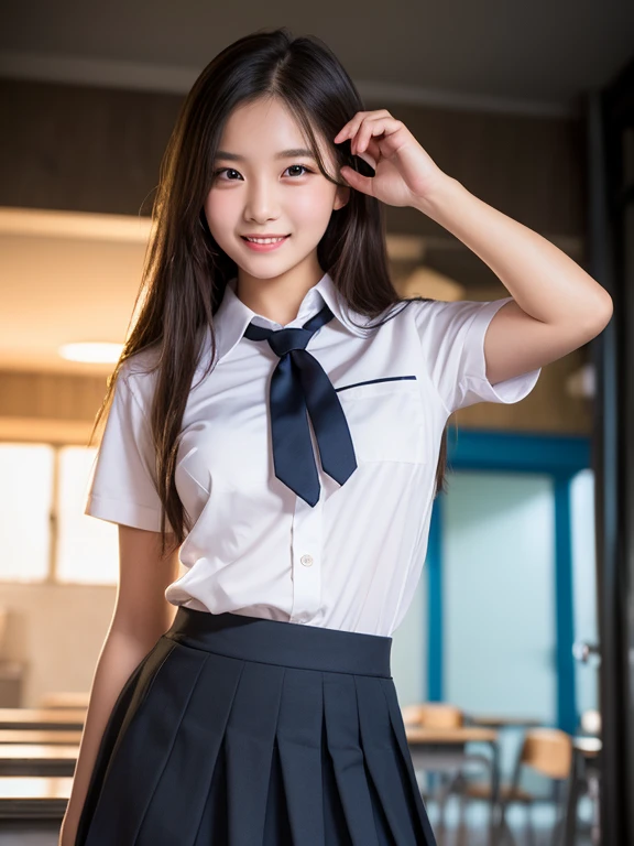 1girl,23yo.strawberry print panties ,.classroom brown eyes, brown hair, cardigan, female pubic hair, full body, gyaru, hair ribbon, lips, loafers, long hair, looking at viewer, panties, plaid, plaid skirt, realistic, red ribbon, , shirt, short sleeves, simple background, sitting, skirt, skirt lift, smile, solo, spls, standing, striped, white neckerchief, white shirt.