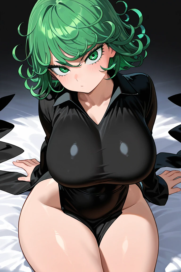 (beste-Qualit, 8K, 12), 1 girl, tatsumaki, Short Hair Hair, green hair, giant breast, the perfect body, ultra detail face, detailed lips, Slender Eyes, Black Dress, standingn, enticing, Excited, convex areolas, in heat, steam, Sex, trembling, orgasm, Looking Up, From directly above, Wet