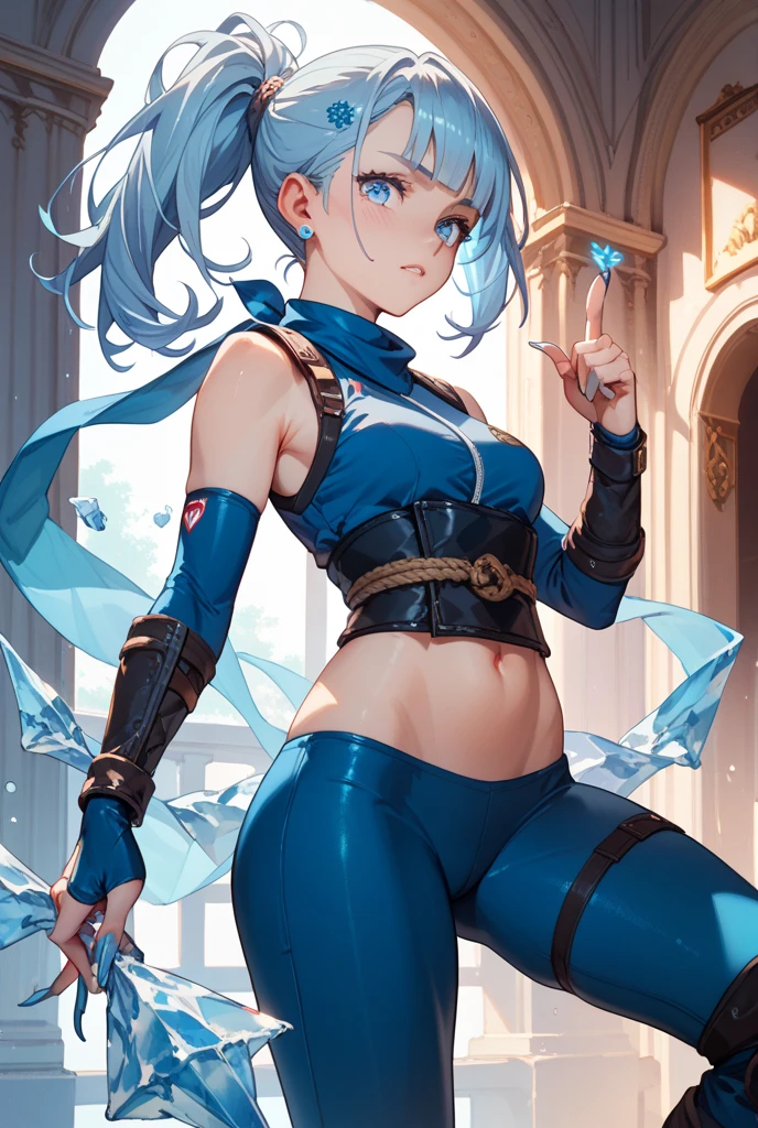 Asuka's swap costume is based on Ibuki and she wears a blue ninja bra top with a black high-neck mesh top to cover her cleavage, blue traditional ninja dogi pants with mesh linings at the edge of her pants and blue gray and cyan steel in-step protectors on her feet. She also wears a blue bandanna on her head and a sky blue mask that conceals the half of her face and wears mesh warmers and a matching blue gray and cyan traditional ninja gloves. SPARKLE; GLITTER