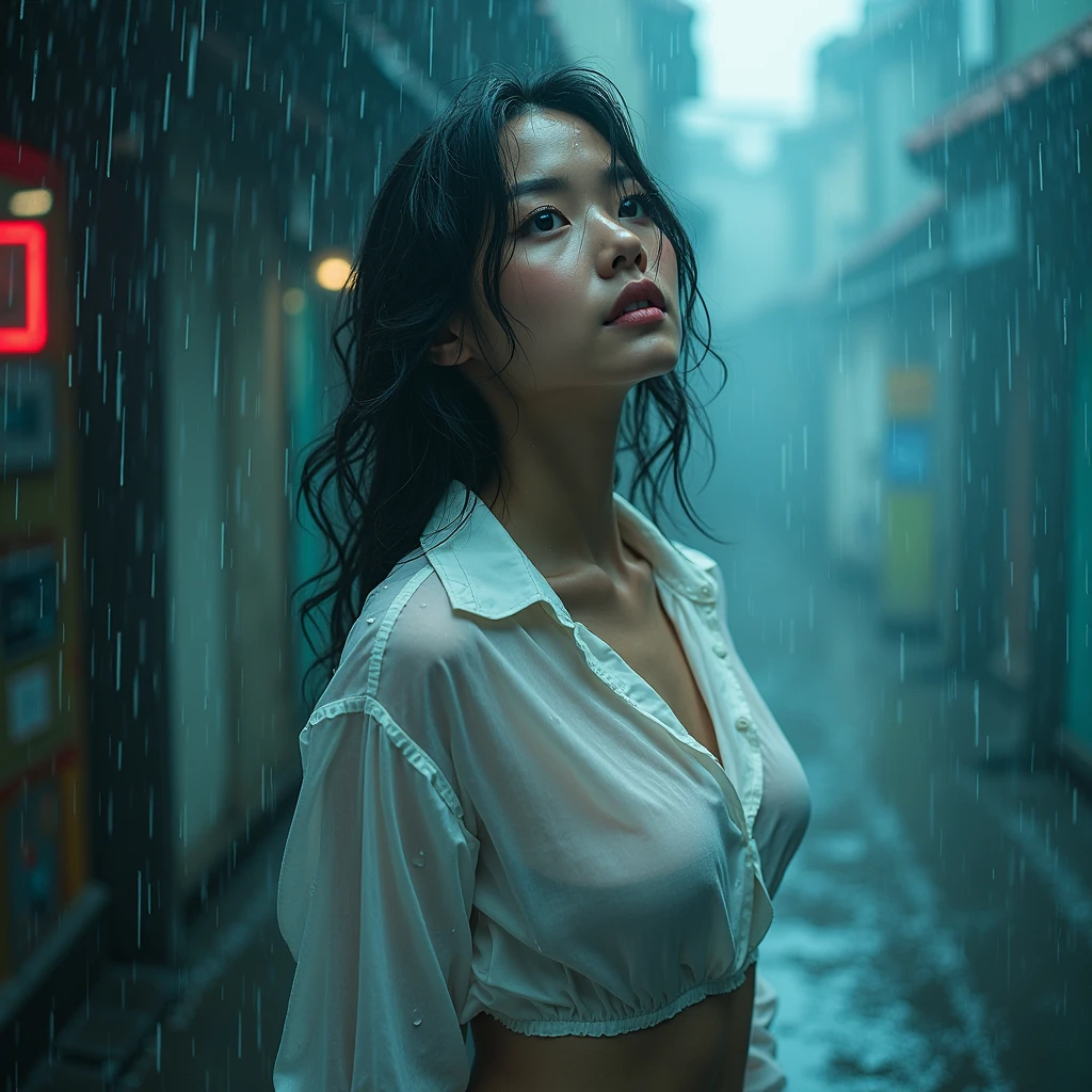 (RAW photo:1.2), (realistic), beautiful detailed girl, very detailed 目 and face, beautiful and detailed eyes, huge file size, High resolution, very detailed, highest quality, [table top:1.6], shape, very detailed, small details, highest quality, 8k wallpaper, movie lighting,15 year old girl, standing in the rain, My whole body is drenched in rain,  Her white bra is visible through her shirt.,  Her pants are transparent and you can see her white panties., look of despair, slender body, young face, immature body,small breasts,  exposed underwear, My clothes are wet from the rain and my underwear is showing through., on a dark road, heavy rain, Dimly lit cityscape, Rainy landscape