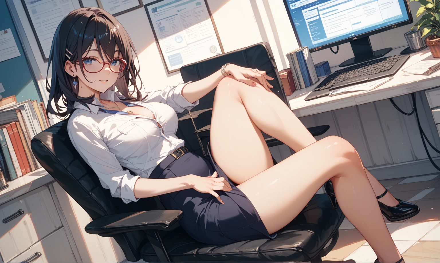 ((Beautiful Face)), Rembrandt Lighting, (masterpiece:1.2), (Highest quality), (Detailed skin:1.3), (Intricate details), Browsing Caution, アニメ、Attractive office lady,28 years old,Black Hair,Medium Hair,Brown eyes,Highest quality、Unity 8k wallpaper、32k、masterpiece、Ultra-detailed、Ultra-high resolution、(Very detailed and complex)、細部までBeautiful Faceと目、Sharp pupils、Cool beauty smile、High heels、Woman in 黒いレースブラ sitting on the desk, on the desk, Sit at a desk, Sitting at a desk,Bent knees、Spread your legs、Spread your legs、Panty shot、 Sexy下着、,office, At work, Wearing glasses, Cleavage、Sexy,Angle from below,