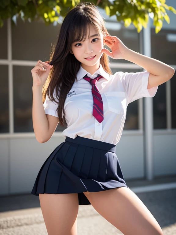1womanl、(Solo:1.5)、(Super beautiful)、(beauitful face:1.5)、(A detailed face:1.5)、(A detailed eye:1.1)、(Detailed lips:1.1)、(Detailed nose:1.1)、hi-school girl、(Fight off molesters with karate techniques:1.5)、(high quality karate)、(Kick up high:1.5)、(high-school uniform:1.5)、(white shirt:1.5)、(neck tie:1.5)、(dark-blue skirt:1.5)、(white panties:1.6)、(espadrilles:1.6)、make - up、Brown hair、Sidewalks in Shibuya、Sky from below、(Night:1.5)、(At SFW:1.5)