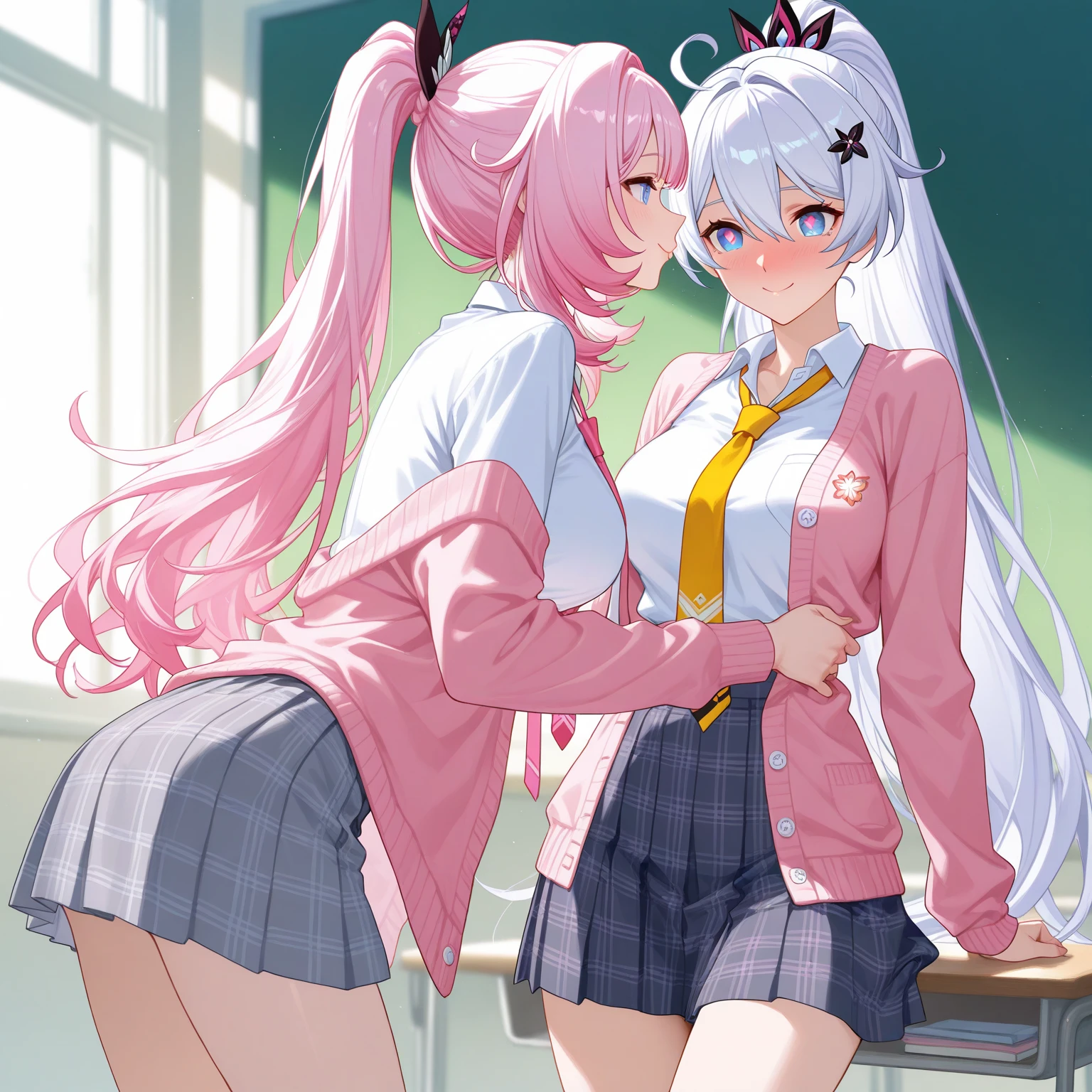 classroom、High School Uniform、cute、Her white panties are completely visible、16Year、(White panties:1.3)、Ultra mini skirt、Beautiful thighs、White panties、Her miniskirt flipped up、White pantiesが見えていた、(masterpiece:1.2), Hyper Detail, Highest quality, (Complex_detailed:1.1), Beautiful details, Beautiful Hair, alone, Two people,Embrace each other、one side up,(sweating:1.2),(vapour),Heavy breathing,vapour,chuckle,From above,shoulder,((White sexy bra)),Cleavage,dark,Backlight, shoulder focus,Focus on the chest,Greasy breasts,Focus on the chest, shoulder focus,throw,Upper Body,New colors,Large Breasts、White underwear is visible、masterpiece、Highest quality、2 people、Only 2 people、2 people、(((cute、Pink Hair、Long Hair、Twin tails,distinct eyes、There is no &References;have&References;)))、(((cute、Silver Hair、Side Tail、High ponytail on the left、have)))、Flat Color、Both people are facing forward、Sparkling eyes sketch(flying debris), (Highest quality), Very detailed, ((1 person)), Focus Only,dynamic,((smile)),Perfect Face, Beautiful Face, Very detailedな顔,Gazing at each other