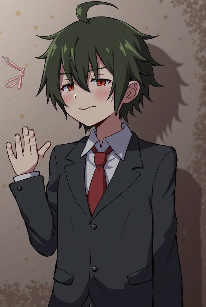 A young man, with intimidating appearance but very sexy, with slanted dark green eyes, he has marked circles under his eyes and an empty, dark look., His hair is black in layers that reaches the nape of his neck., It has a very marked jaw and muscular body., The man wears a black suit with gloves of the same color.