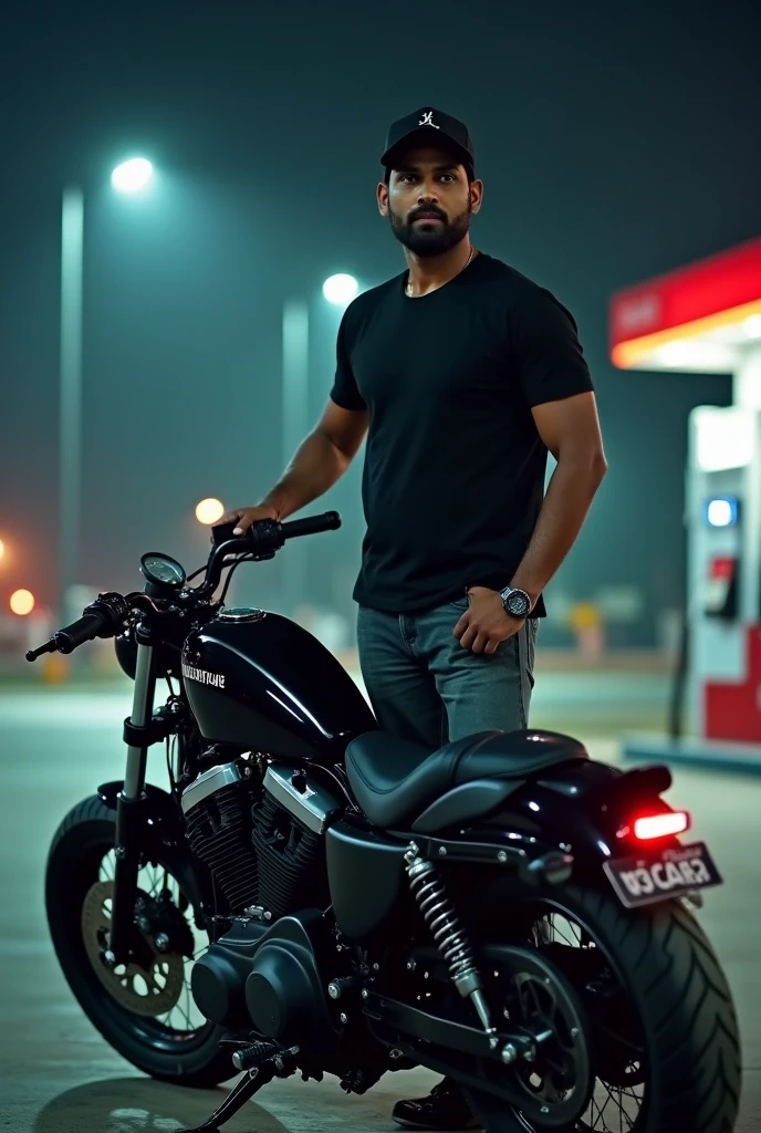 Male an idian guy , handsome ,stylish hair , wearing a black shirt with jeans , a harley bike is behing him , rural indian area type background,full bike visible.
