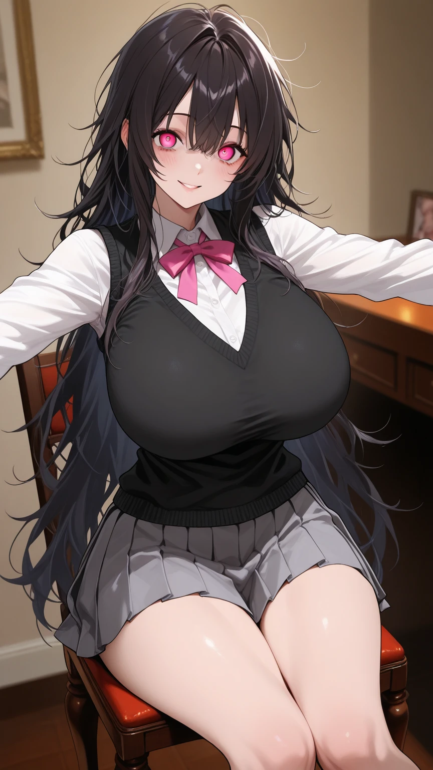 ((masterpiece,The tallest shadow, Nice lightning : 1.2)), original character, Mature woman with beautiful face, Big breasts, kind smile, Wear teacher uniform (Best details), Sit down and read a book, Detailed background cute pose, Long black hair