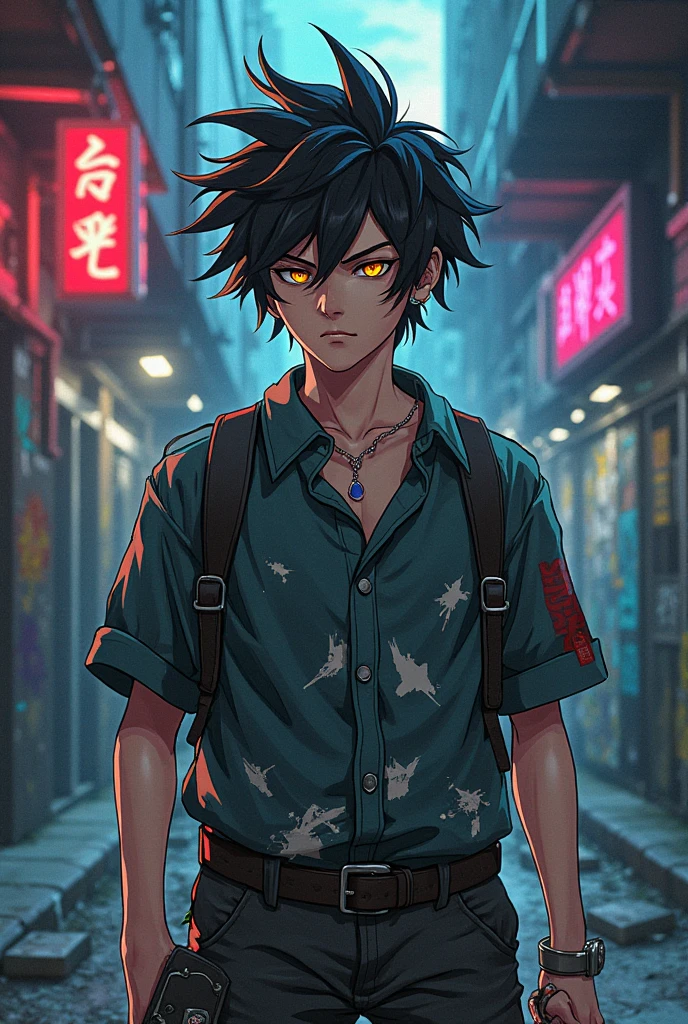 fotografia de close-up, jovem homem cyberpunk confiante com cabelos pretos e brancos, usando um capuz com desenhos vermelhos e azuis, on a rain-soaked street at night, fotorrealista, Cinematic lighting