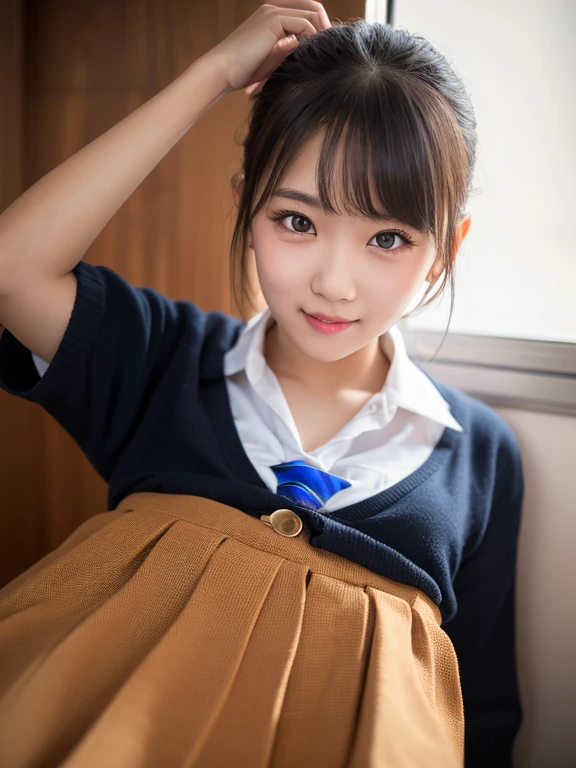 Beautiful Girl, (Skirt lifting), ((Show panties)), looking in camera, Angle from below, Short skirt, Squatting, Shy smile, Japan school uniform, a blond, ((of the highest quality, 16 K, masutepiece: 1.3)), 1 girl, Light on Face, hyperdetailed face, very detailed lips, Detailed eyes