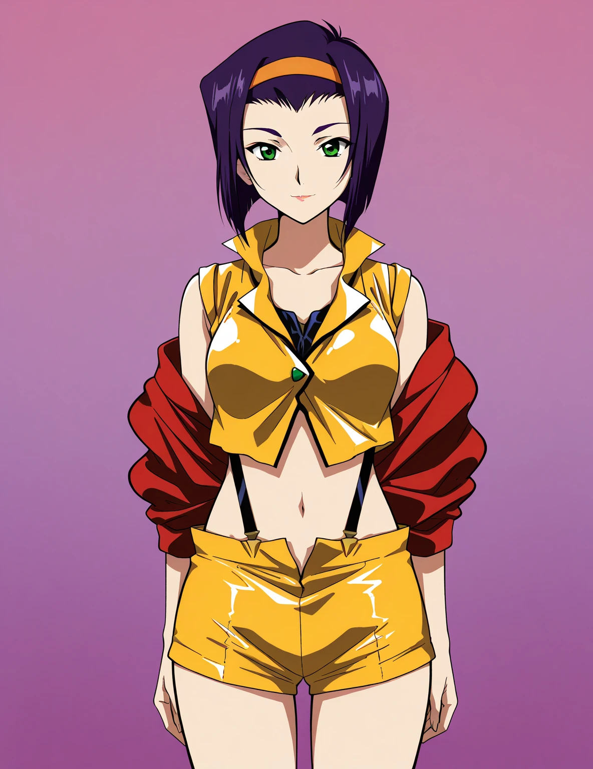 (anime artwork, Anime Style, Studio Anime, Very detailed, up to date, Vibrant, Anime Coloring, High Contrast, masterpiece:1.2, highest quality, Best aesthetics), Cowboy Bebop_Artistic, Faye Valentine, 23 year old woman, (Purple Hair, short hair, Green Eyes), (Yellow headband, Yellow sleeveless shirt, Cropped tops:1.2), (Red jacket:1.2), Expose your shoulders:1.4, (Yellow hot pants:1.4), (White boots), (Dynamic Angle), Simple Background, Plain background.