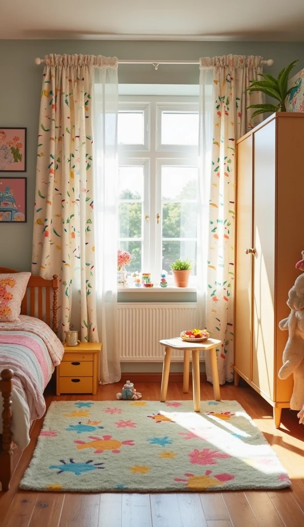 childreninterior, animals, doll, red, green wallpaper with animal, realistic, bedroom with slider, stuffed toy, morning, cute, <lora:ARWchildreninterior:1>