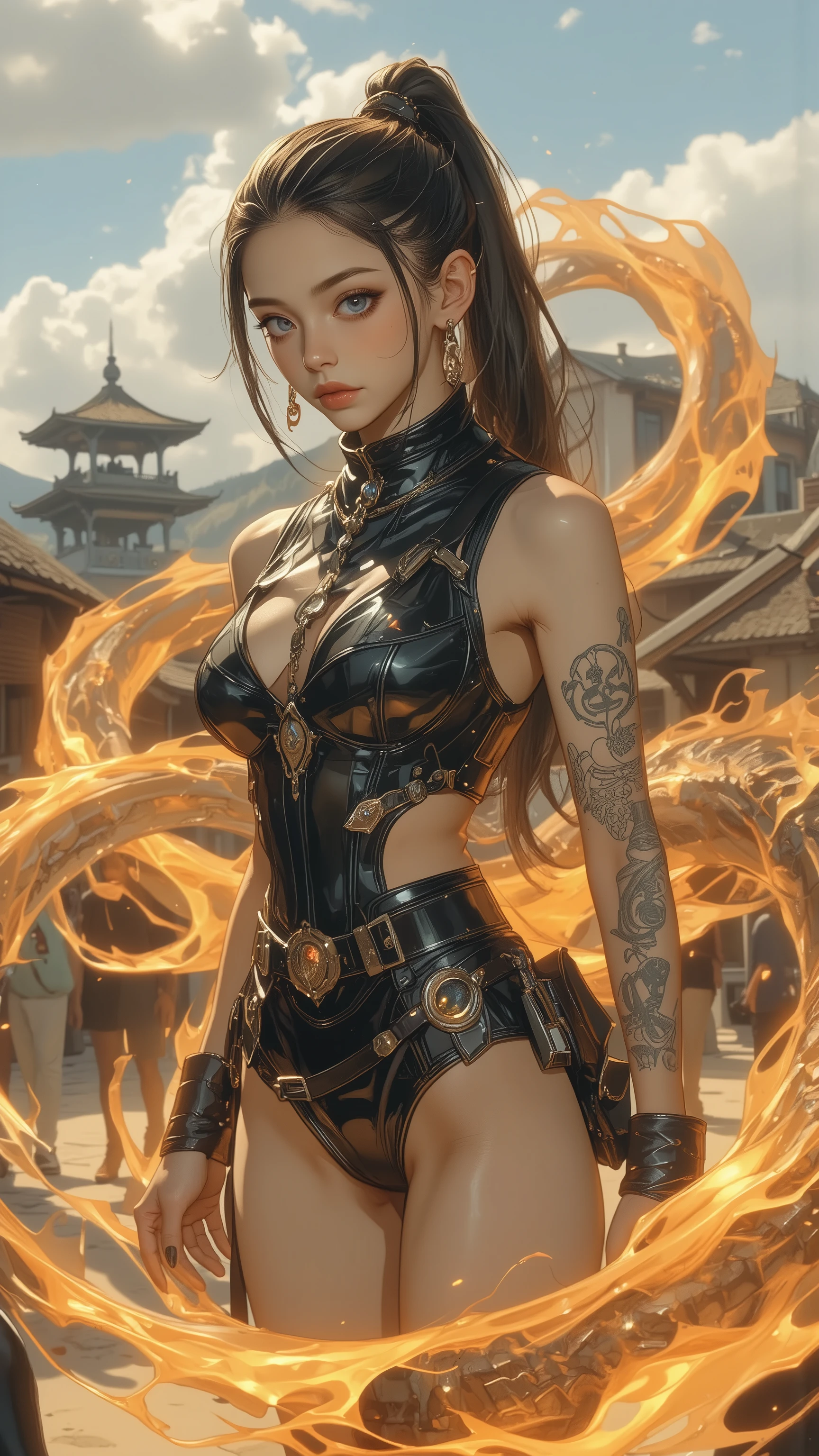 (1 girl:1.5), masterpiece:1.3, gag mouth , ULTRA HIGH DEFINITION, super excellent ), (Reality, photoReality:1.4), beautiful illustration ,
perfect light, close , khaki skin , blue gemstone eyes , tattoo,
Natural light, writing border depth , View notes , thin hair , Carefully drawn faces , Sophisticated and beautiful , beautiful clavicle , tight fit , full chest ,
Beautiful legs , beautiful arms , radiant skin , See your audience , face focus , tender skin ),
Cute and symmetrical face , Young slender face , perfect eyes , (( skin sweating )), black nail ,( 熊熊couple ),Abdominal muscles, perfectly slim figure ,большой ,cutting,Abdominal muscles,depth of field,realistic portrait s, exquisite fivefold,perfect face,depth of field,panoramic,full frame, realistic portrait , exquisite fivefold ,perfect face, black nail ,( oily skin )、(couple), panoramic,full frame,female fighter , high ponytail, Sleeveless tight top , Skinny leather dress , combat boots , Unfold a dragon-like flame around the ,(( Visible tongues dragon flames ,)),(( Fire exchange )), Samurai Battlefield