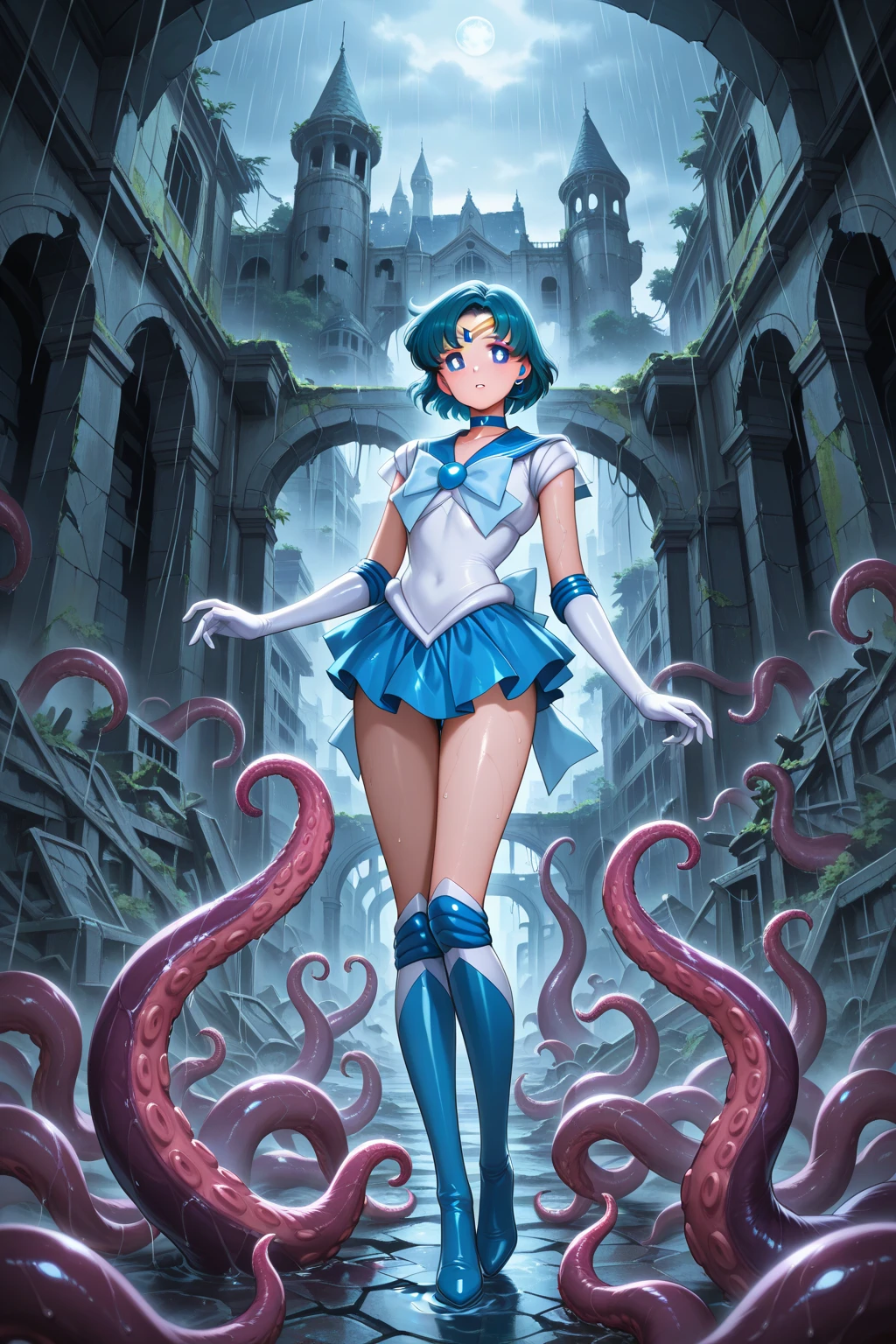 ((highest quality)), ((masterpiece)), (detailed), (Perfect Face)、The woman is Sailor Alien Mercury, wearing an alien dress, with short blue hair and a completely alien body.、The woman happily embraces the powerful alien king and has sex with him, inserting his genitals into her vagina and ejaculating a large amount.
