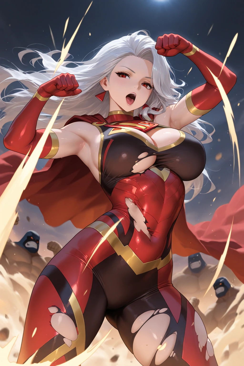 Muscular busty beautiful female Shazam, huge strong biceps, tonned strong abs, huge round boobs, enormous firm tits, hyper muscular, bodybuilder muscles, bursting in strength, large hips, red costume, white cape, white lightning, full body covered, white hair