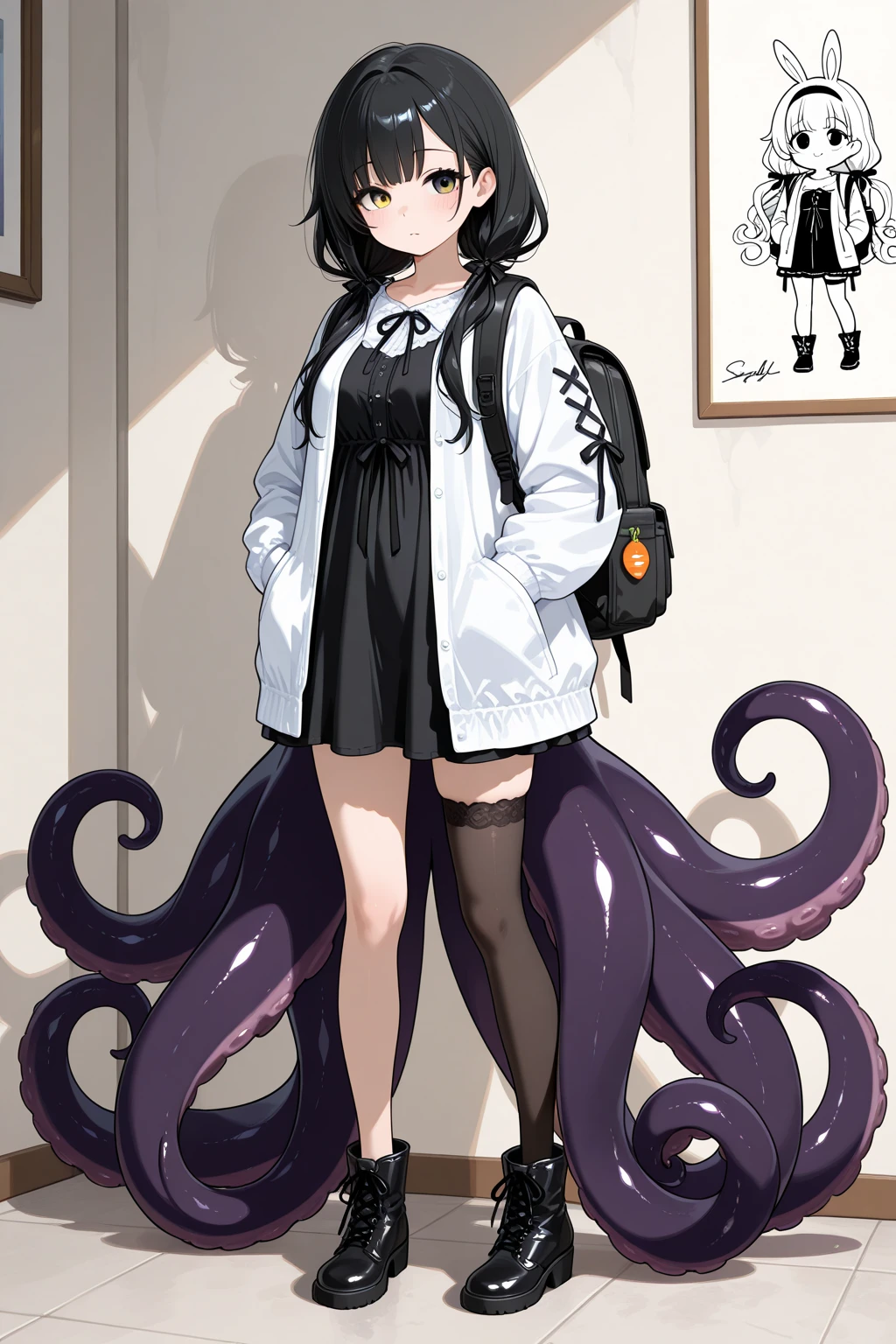 ((1 girl,))nsfw,, half updo, black hair,cardigan, see-through skirt,glamorous,stand,in karaoke box ,tentacles surrounding,amazed