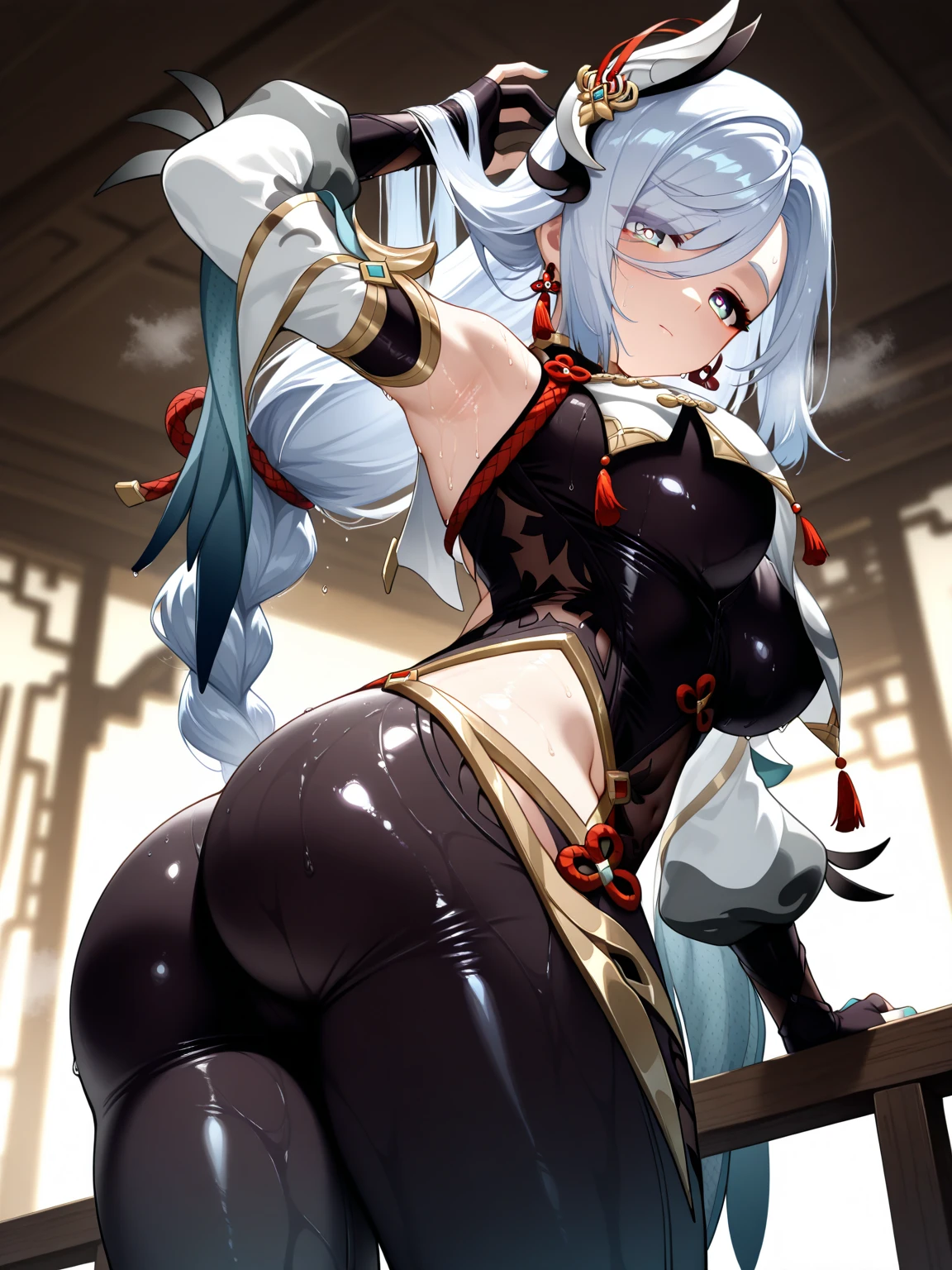 masterpiece, best quality, ShenheV4, 1girl, solo, blush, hair ornament, gloves, braid, hair over one eye, thighs, outdoors, parted lips, black gloves, elbow gloves, clothing cutout, bodysuit, night, feet out of frame, tassel, night sky, starry sky, gold trim, black bodysuit, hip vent, shoulder cutout, breast curtain, earrings, parted lips, thigh gap, tassel, from back, UnderButt, show buttock, hide hand