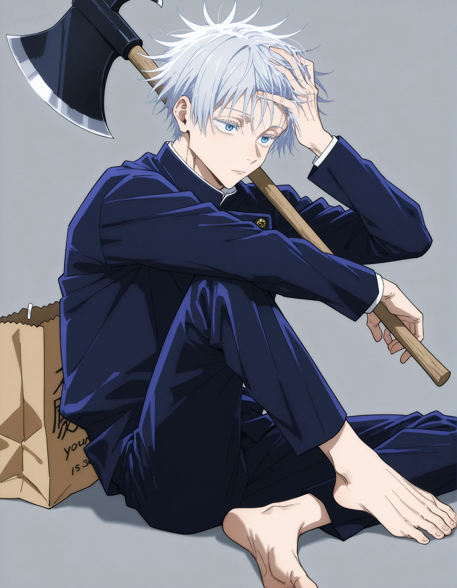 Jujutsu Kaisen-style drawing、Anime、Shaman、20th Generation、 male、handsome、Tall、is good-natured、The young man's name is Satoru Gojo、gray hair、Light Blue Eyes、Men's、前開きのMen'sのトレンチコート、dark green pants 、Put a large paper bag on your head、Barefoot、Holding an axe、looking down at us、 Little Nightmare 、mono 、